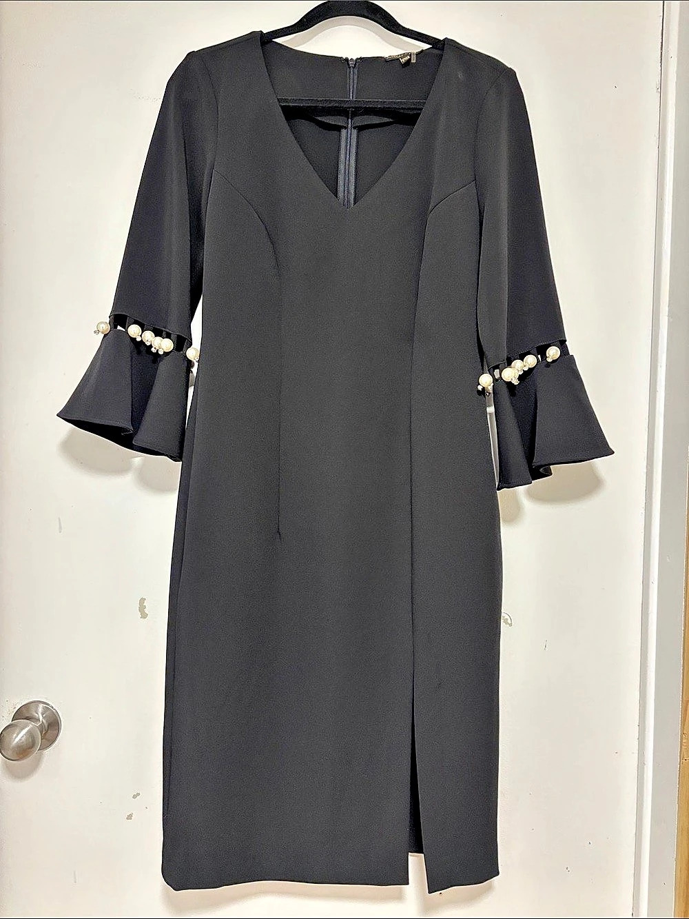 Alberto Makali Black Mini Dress Size 8 Pearl Bell Sleeves Like New